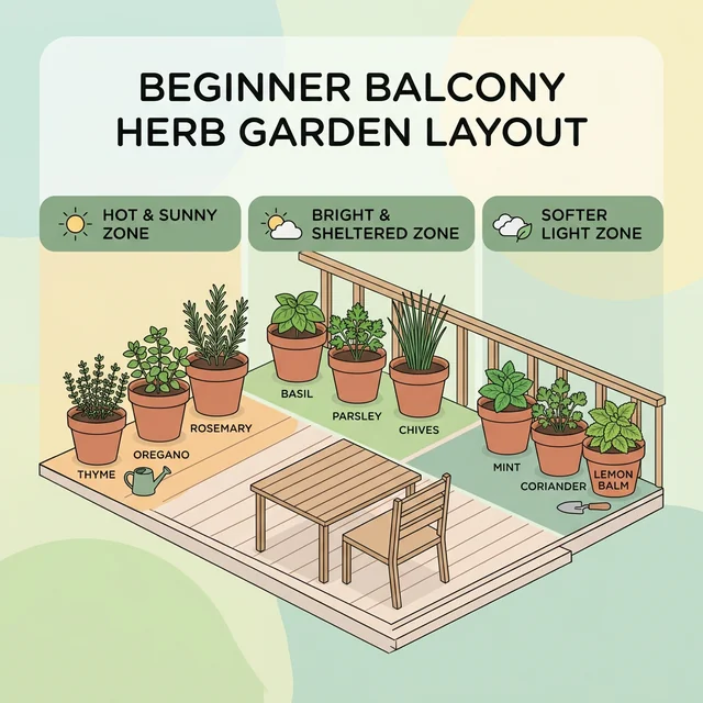 UI Illustration showing a beginner balcony herb garden split into three zones