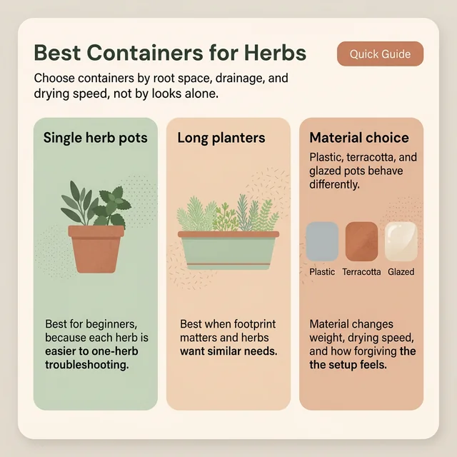 Educational overview showing herb container options by size, drainage, and material