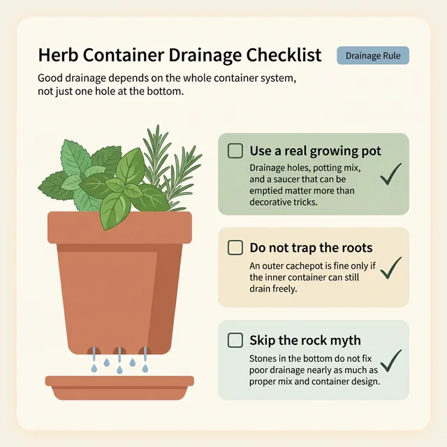 Cross-section diagram showing a well-drained herb container, saucer use, and the role of drainage holes