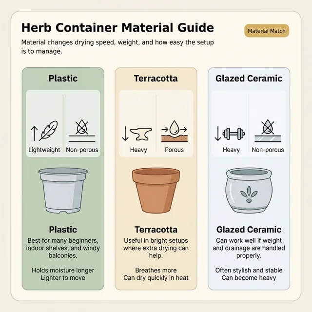 Visual guide comparing plastic, terracotta, and glazed containers for herb growing