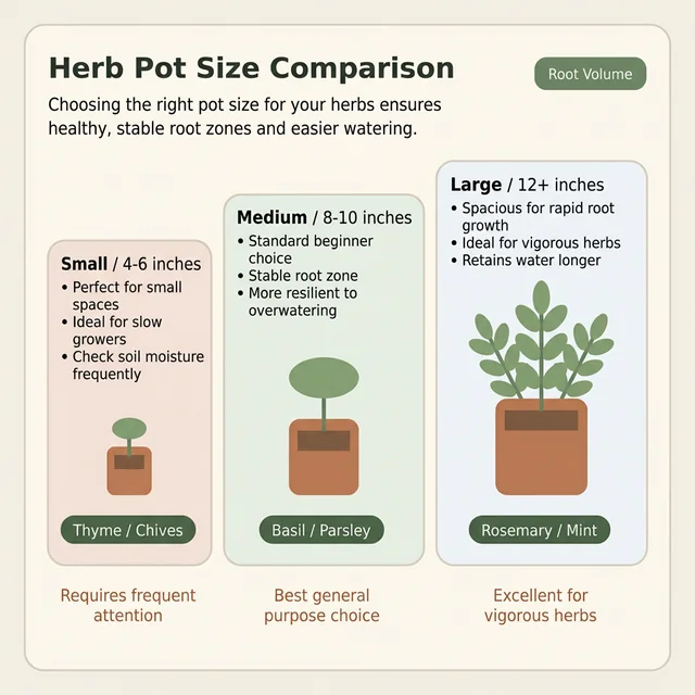 Comparison of herb container sizes showing which herbs tolerate smaller pots and which benefit from more root volume