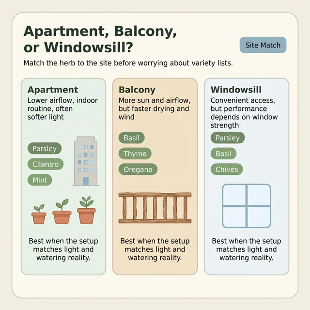 Diagram matching apartment, balcony, and windowsill environments to the herbs most likely to perform well