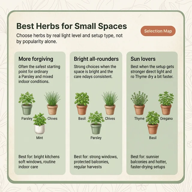 Educational overview showing the best herbs for apartments, balconies, and windowsills