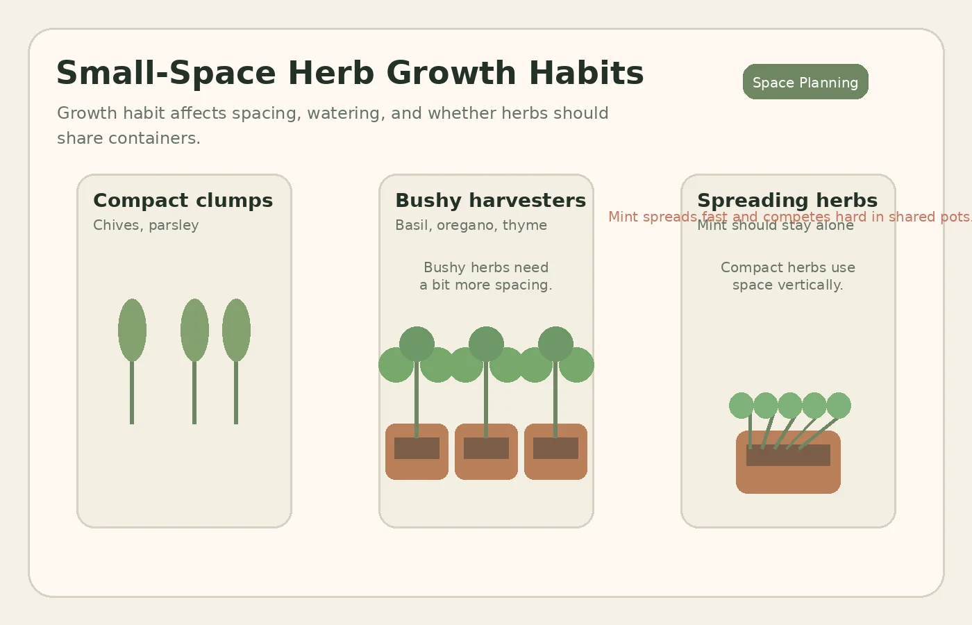 Comparison of herb growth habits in small containers, including compact, spreading, and upright types
