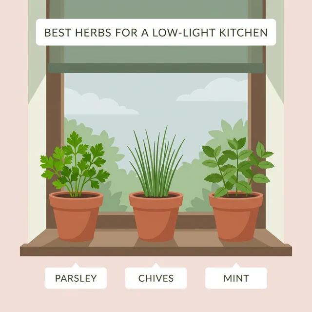 Clean UI illustration showing Parsley, Chives, and Mint growing in a softly lit, low-light kitchen setup