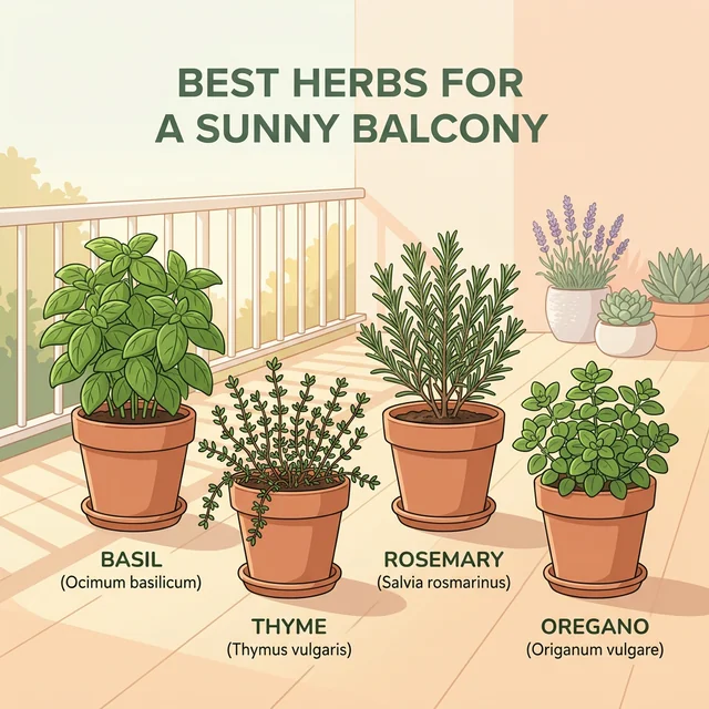 Clean UI illustration showing Basil, Thyme, Rosemary, and Oregano thriving in terracotta pots on a sunny balcony