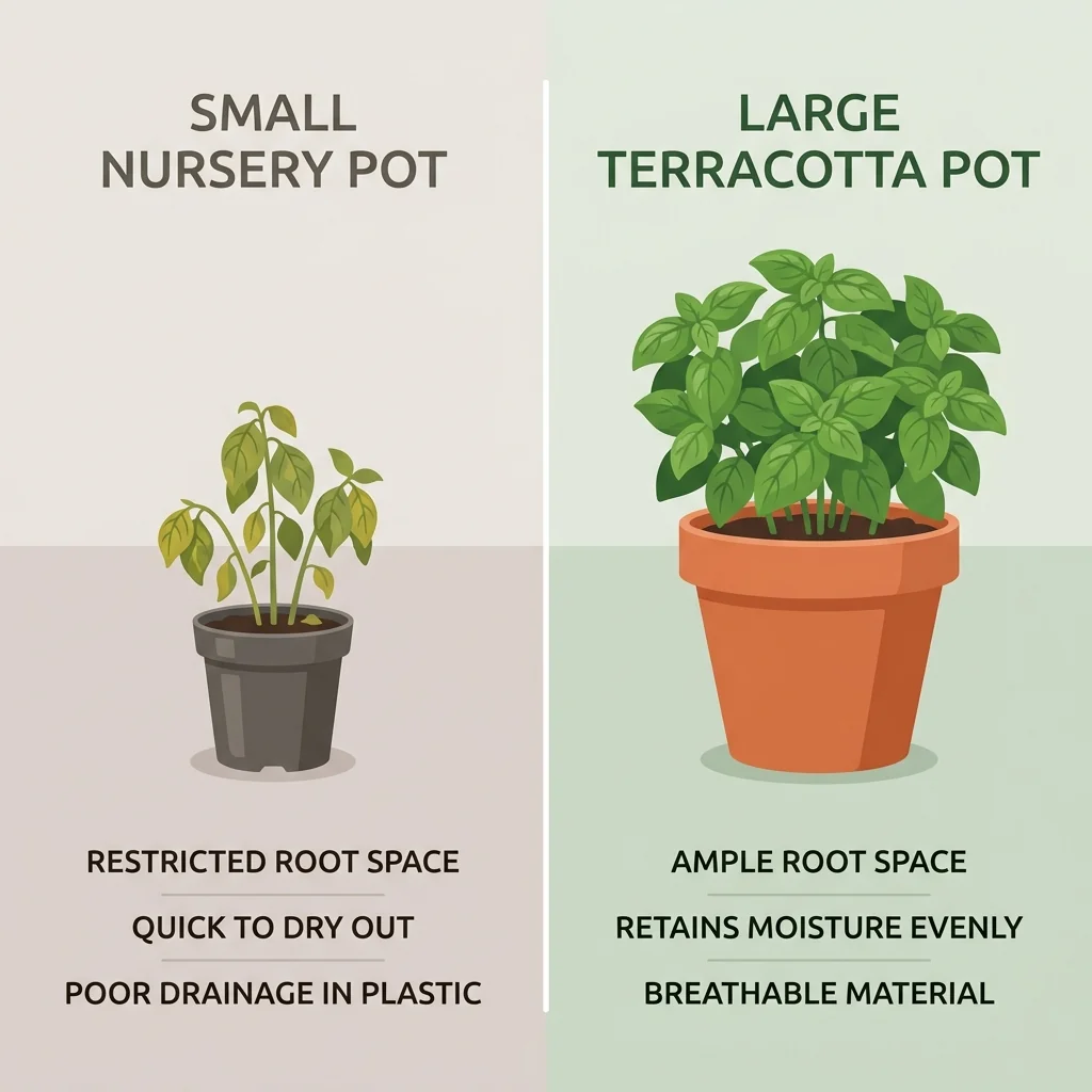 Illustration comparing a small nursery pot causing basil to wilt against a larger pot with a healthy bushy basil plant