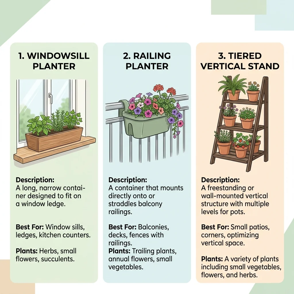 Clean UI illustration of small-space herb planters, a windowsill trough, a railing planter, and a vertical tiered stand