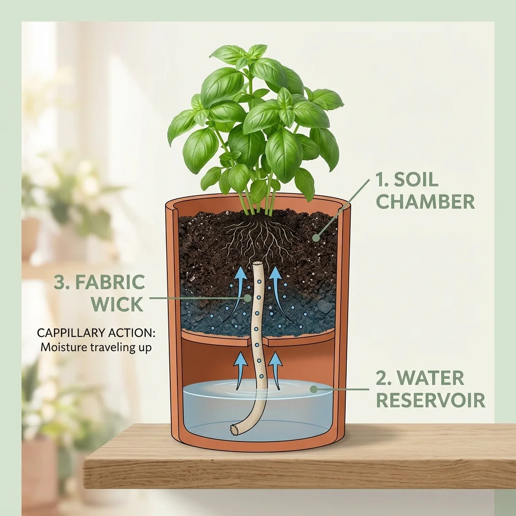 Clean UI illustration of a self-watering pot cutaway showing the water reservoir, wick, and a basil plant