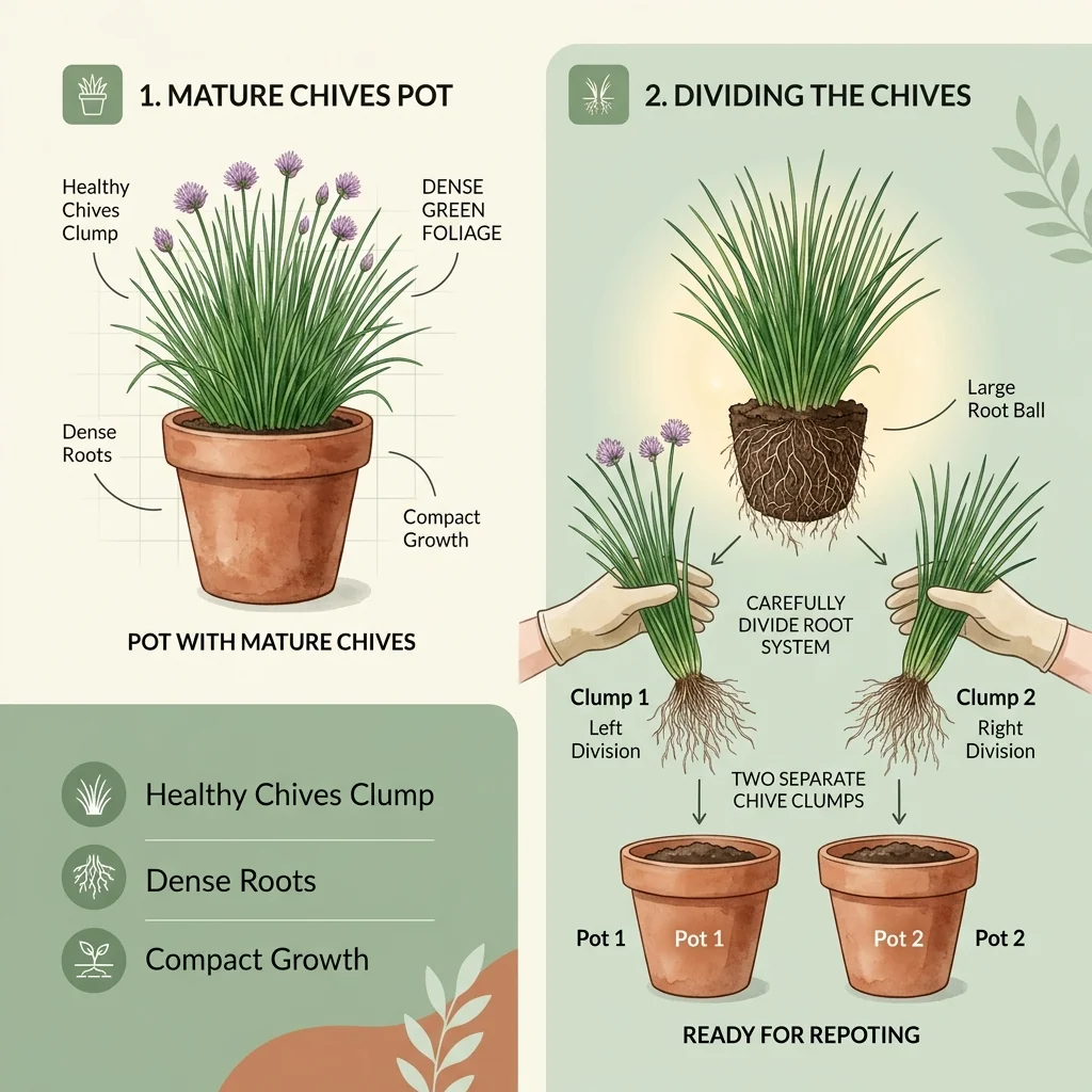 Illustration of a clump of chives in a compact pot with a second clump being divided off