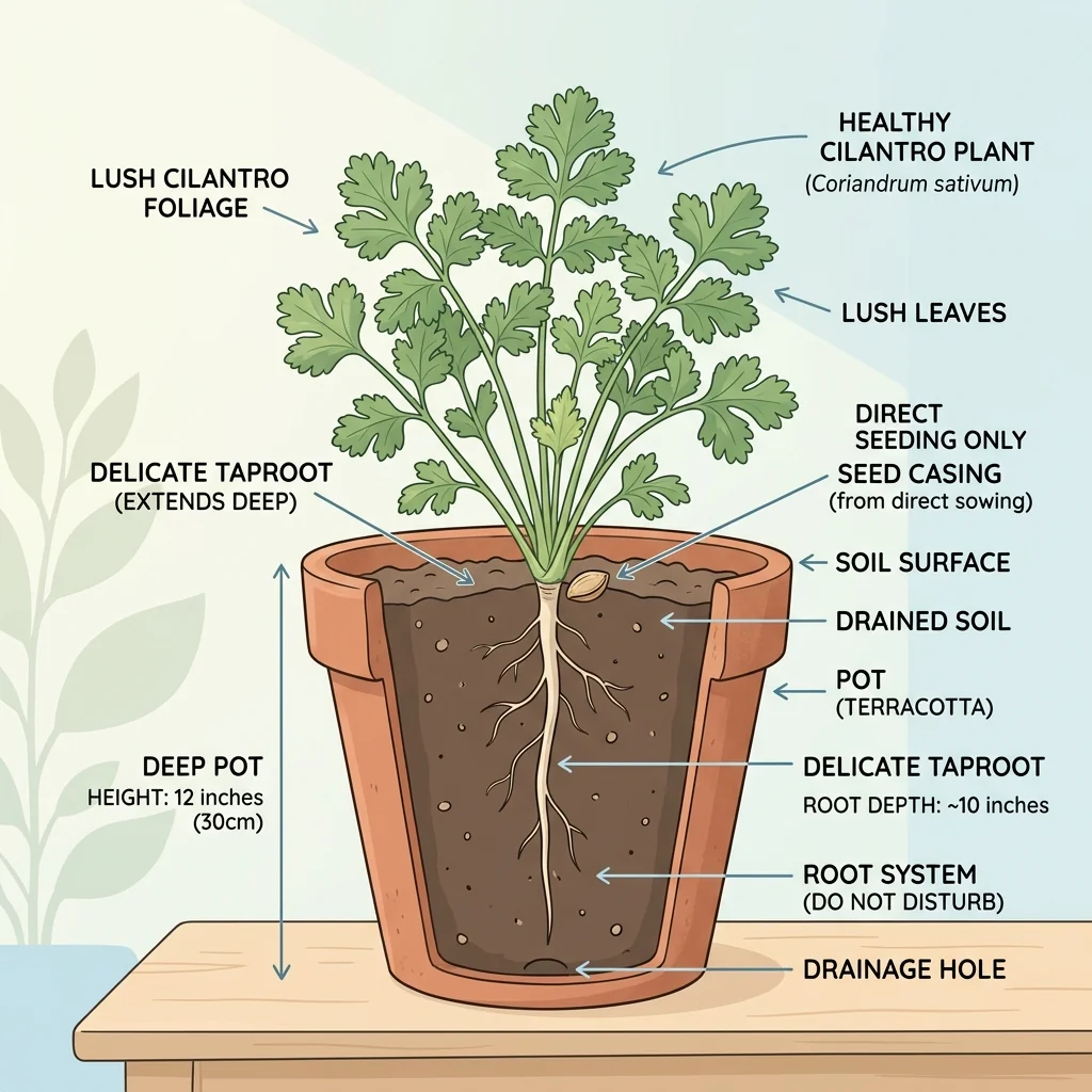 Illustration of cilantro sown directly in a deep pot showing its taproot reaching down
