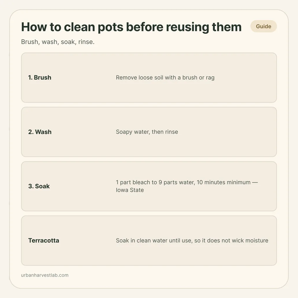 Infographic card: "How to clean pots before reusing them" with rows for brushing, washing, soaking in bleach solution and terracotta