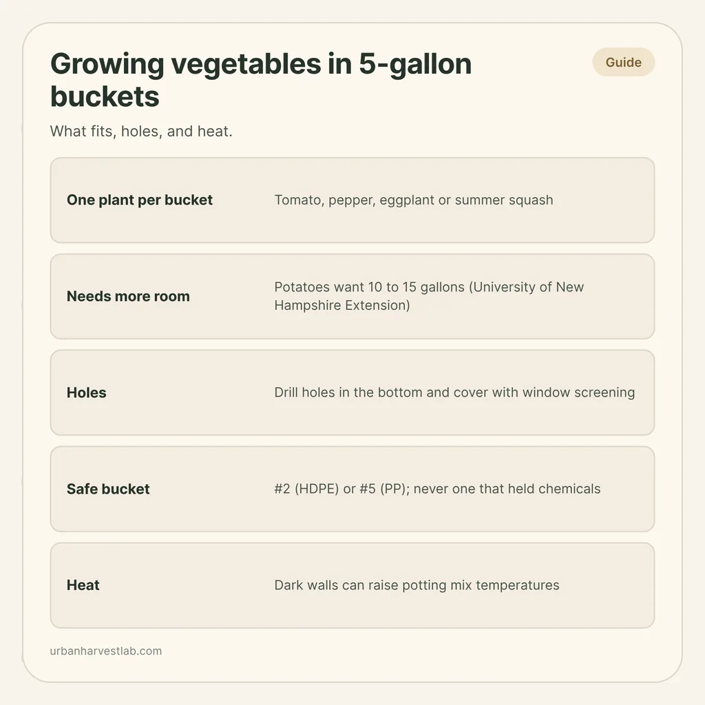 Infographic card: "Growing vegetables in 5-gallon buckets" with rows for crops, potatoes, holes, safe buckets and heat