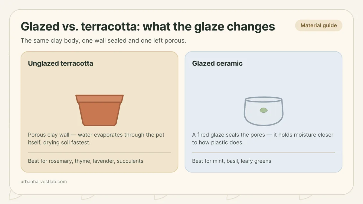 Cross-section comparing a sealed glazed ceramic pot holding moisture against a raw unglazed terracotta pot losing water through its porous wall