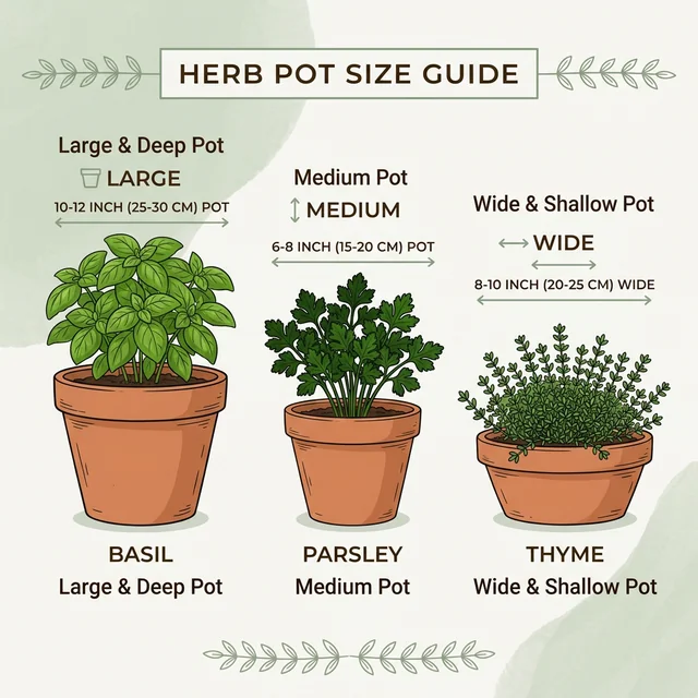 Clean UI illustration showing different sized terracotta pots for Basil, Parsley, and Thyme