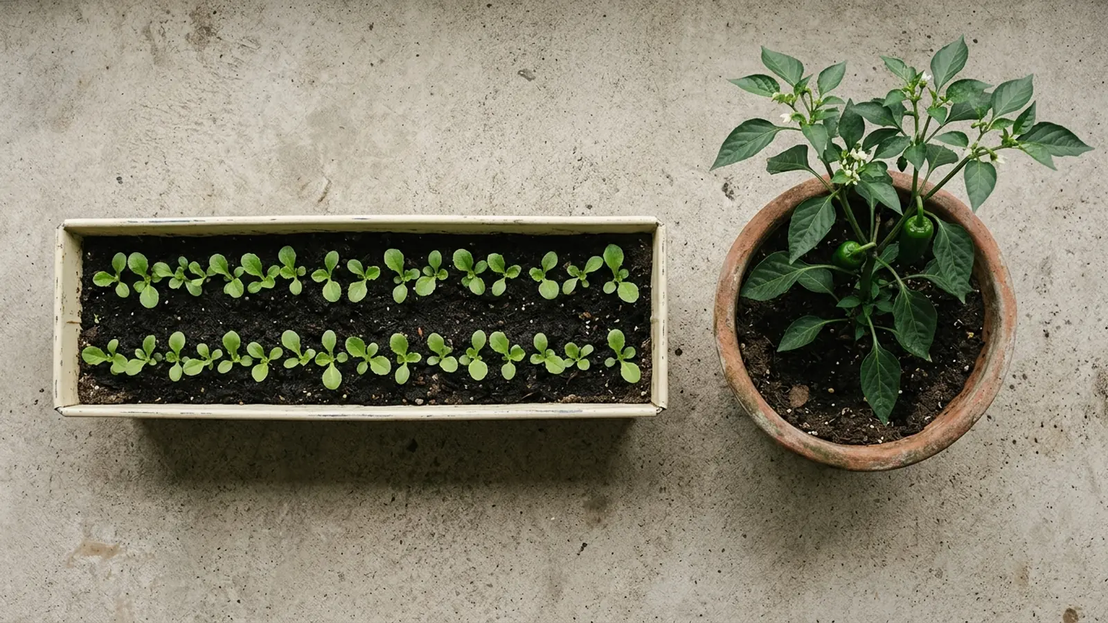 Overhead view of a rectangular window box with evenly spaced lettuce seedlings in two rows beside a round pot holding a single mature pepper plant