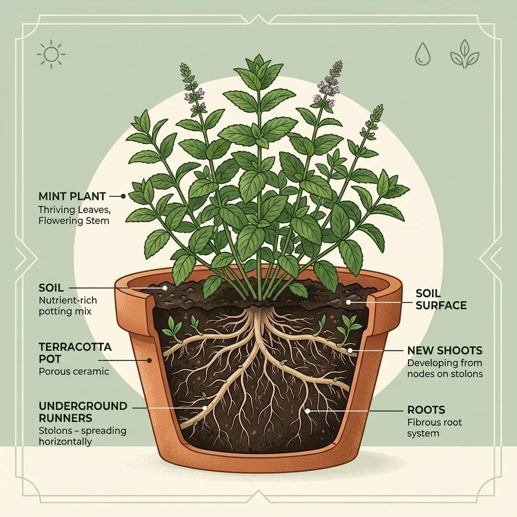 Illustration of mint in its own wide pot with dense runners, kept separate from other herbs
