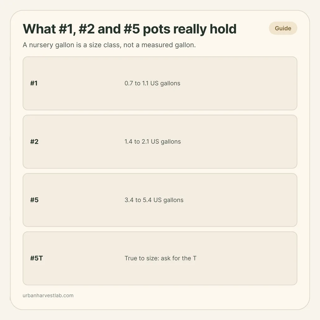 Infographic card: "What #1, #2 and #5 pots really hold" with rows for #1, #2, #5 volumes in US gallons and #5T true to size