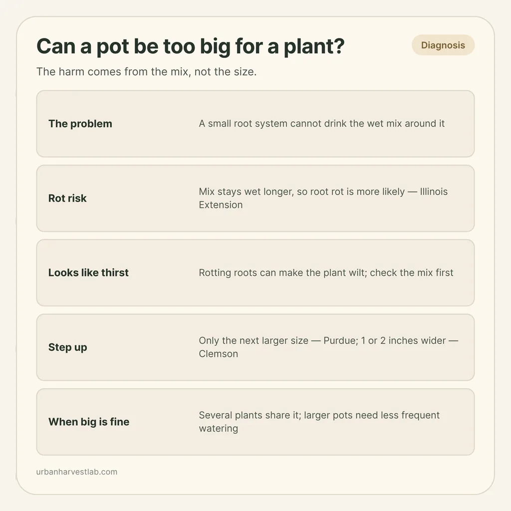 Infographic card: "Can a pot be too big for a plant?" with rows for the problem, rot risk, thirst look-alike, stepping up and when big is fine