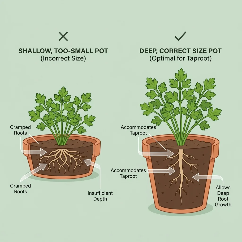 Illustration comparing a shallow pot that is too small for parsley against a deep pot that fits its long taproot