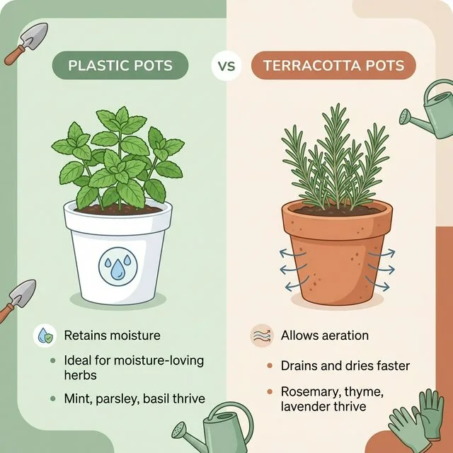 Clean UI illustration comparing a plastic pot trapping moisture for a healthy mint plant versus a porous terracotta pot evaporating excess water for a dry-loving rosemary plant