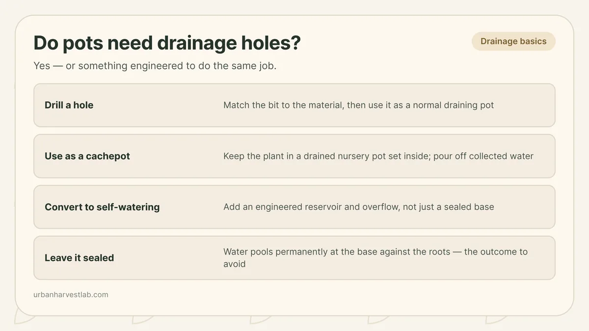 A cutaway comparing a pot with a drain hole losing excess water against a sealed pot holding a permanent pool at its base, next to a drilling technique diagram and a cachepot cross-section