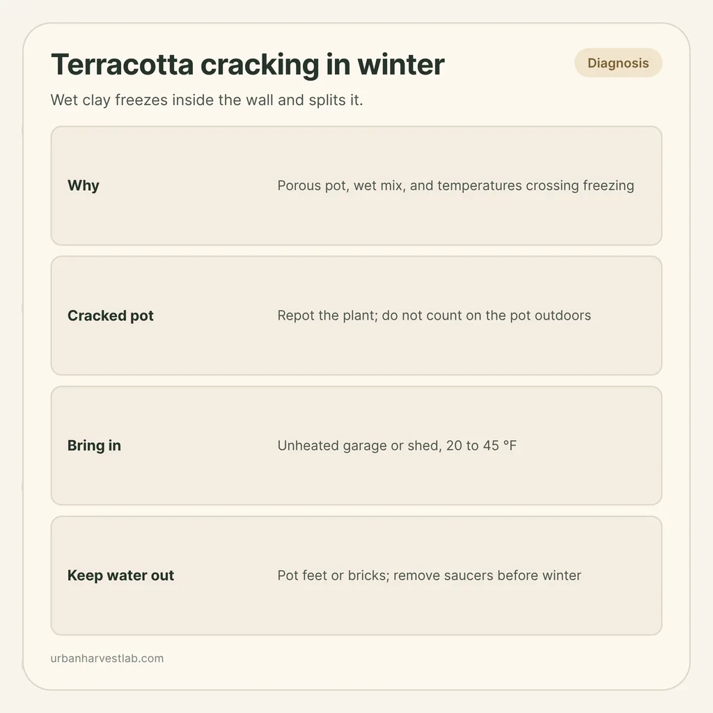 Infographic card: "Terracotta cracking in winter" with rows for why it happens, a cracked pot, bringing pots in and keeping water out