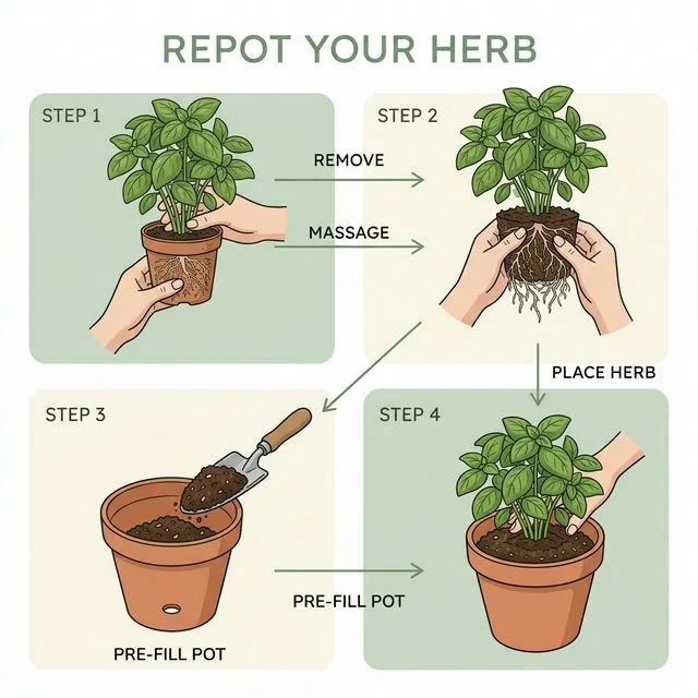 Clean UI illustration demonstrating a healthy basil plant being carefully removed from a small pot and transplanted into a larger pot with fresh soil