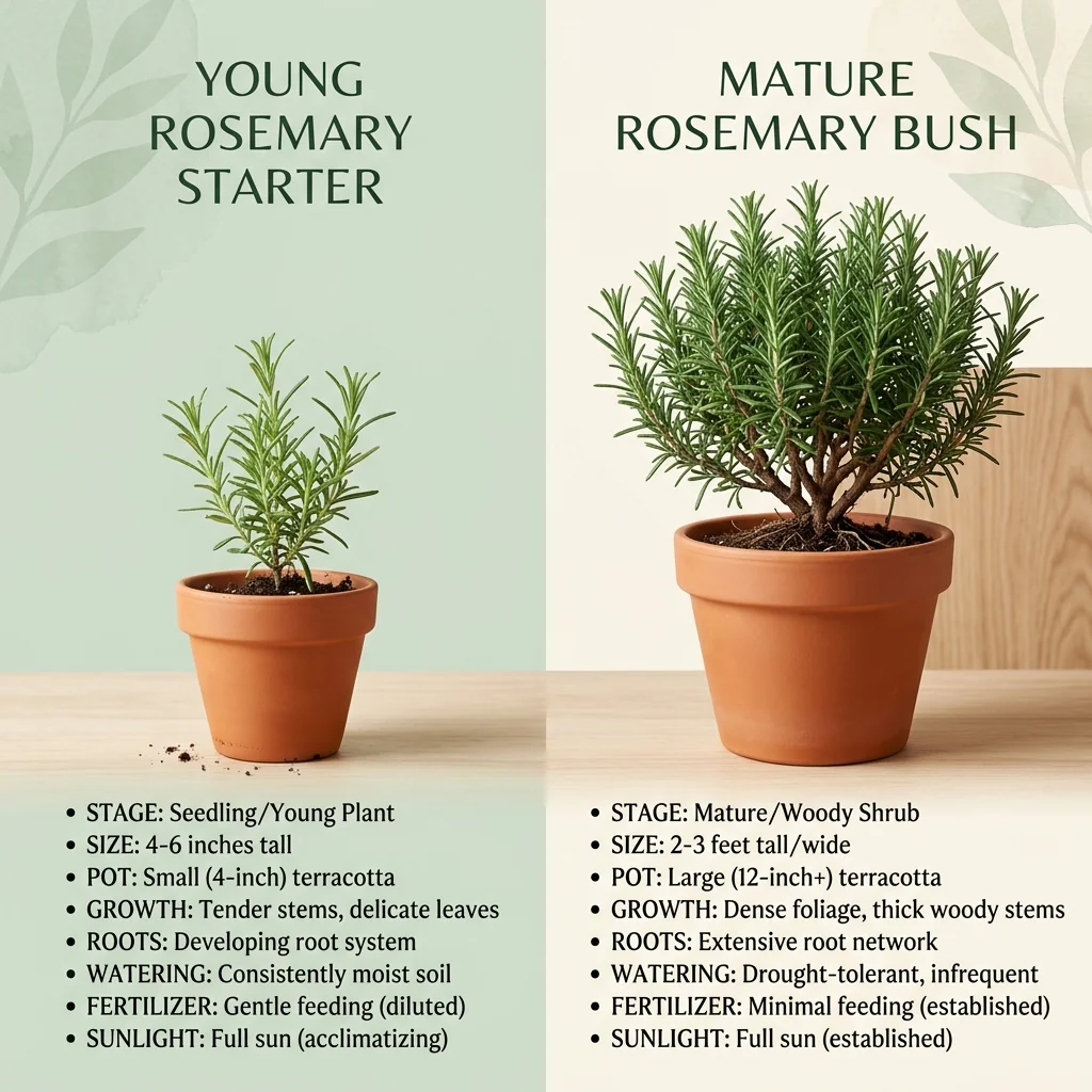 Illustration showing a young rosemary in a small pot next to a mature woody rosemary in a large pot