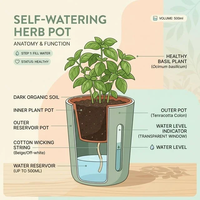 Clean UI cross-section illustration showing the mechanics of a self-watering pot with a wicking cord and water reservoir