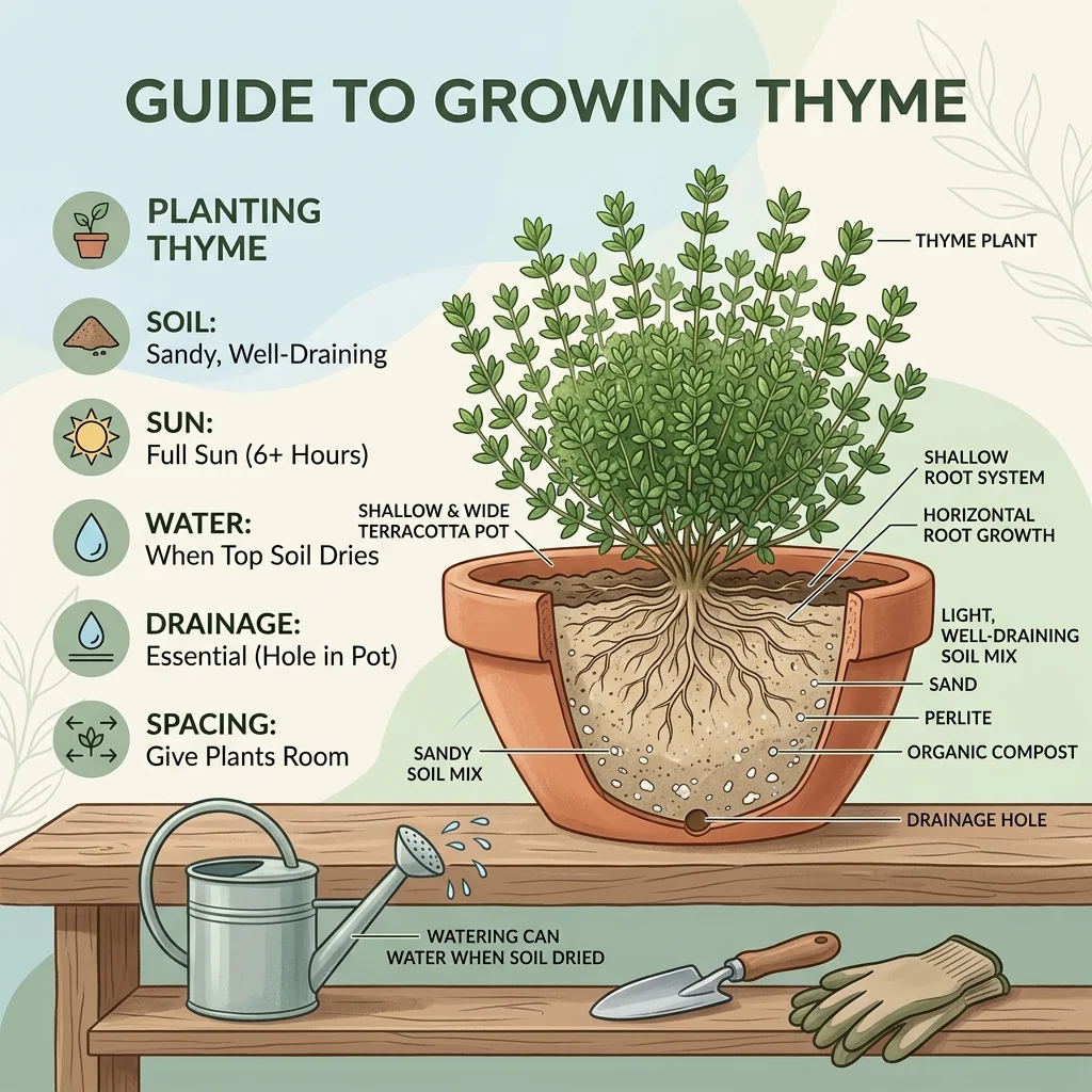Illustration of thyme in a wide, shallow pot showing its horizontal spreading roots and fast-draining soil