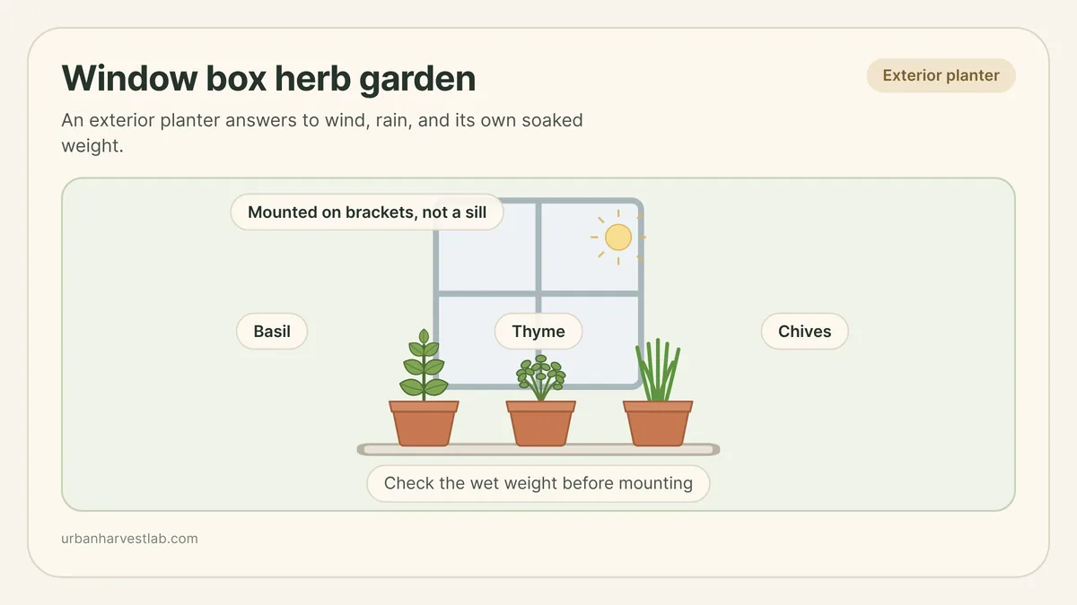 An exterior window box mounted below a window, planted with a mixed row of small herbs, secured to the wall with brackets
