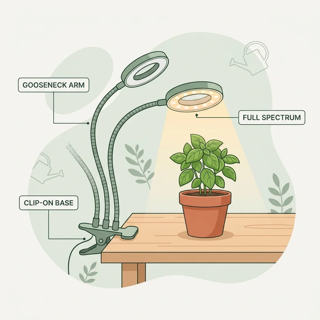 UI illustration showing a modern multi-head gooseneck clip-on LED grow light clipped to a desk shining full-spectrum light on a potted basil plant.