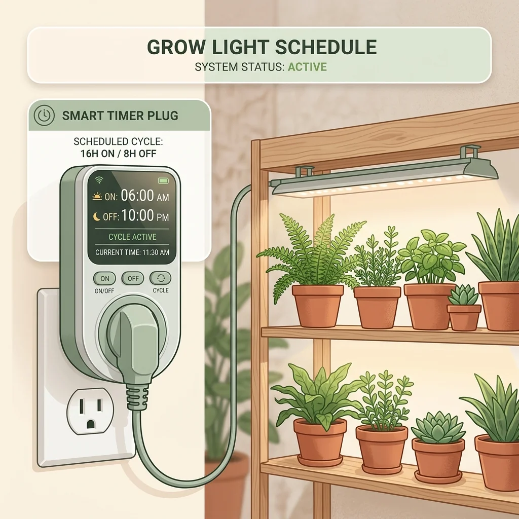 UI illustration showing a modern smart plug timer displaying an ON/OFF schedule plugged into a wall outlet, powering an indoor garden shelving unit.