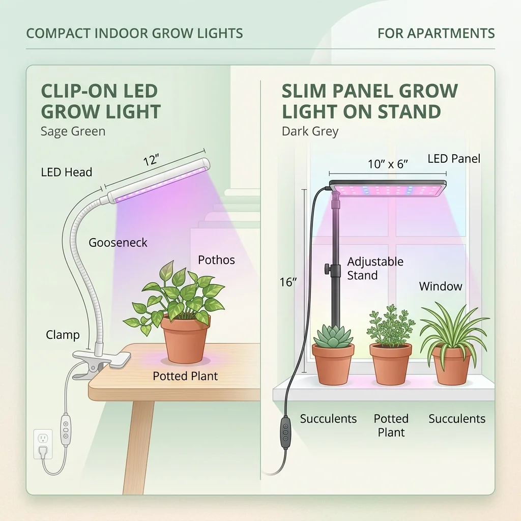 Clean UI illustration of compact apartment grow lights, a clip-on LED and a small panel over a windowsill of herbs
