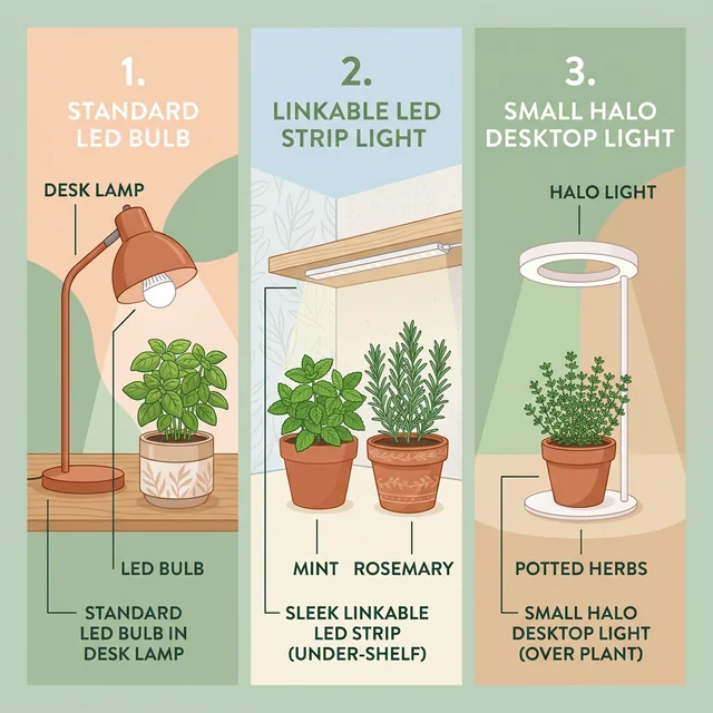 Clean UI illustration showing different types of grow lights for indoor herbs