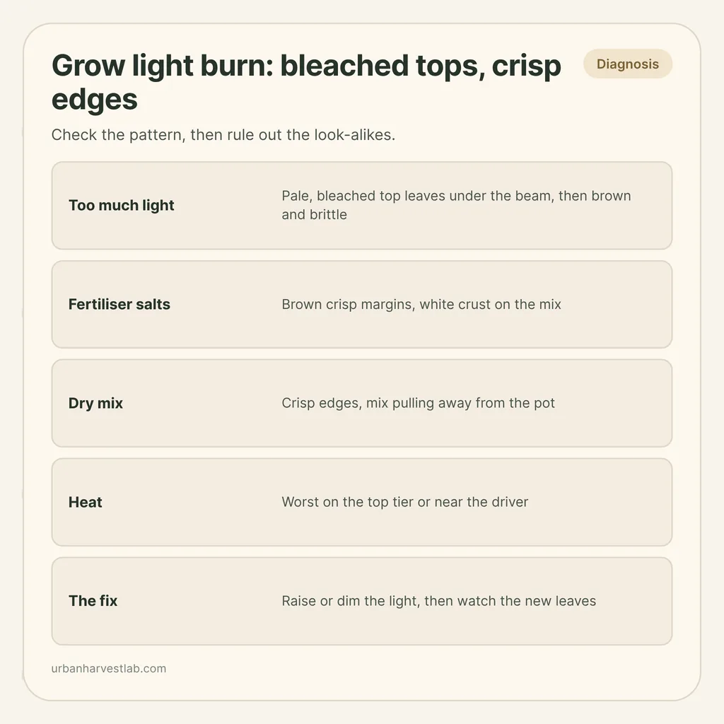 Infographic card: "Grow light burn: bleached tops, crisp edges" with rows for too much light, fertiliser salts, dry mix, heat and the fix