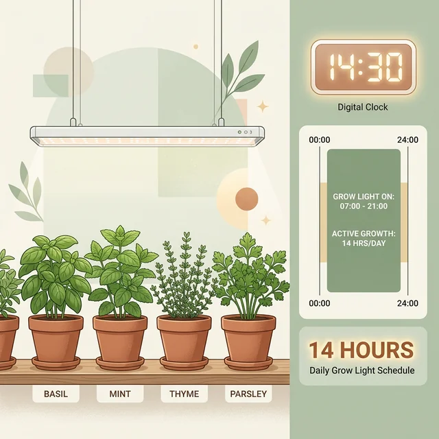 UI illustration showing an LED grow light over herbs with a digital timer indicating a 14-hour schedule