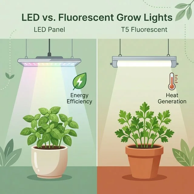 Clean UI illustration comparing a modern LED grow light panel against a traditional T5 fluorescent tube fixture