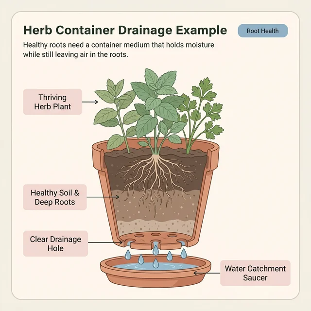 Cross-section showing herb container drainage with potting mix, root zone, and drainage holes