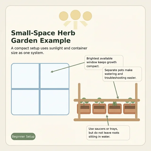 Educational diagram showing a simple small-space herb garden layout with window light and grouped containers