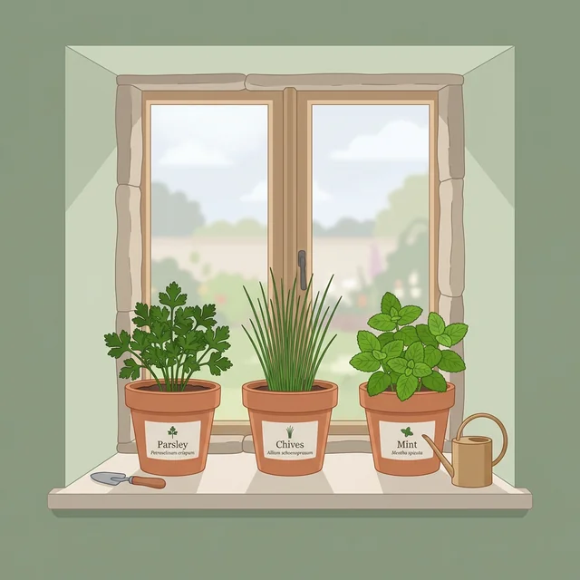 UI illustration showing a low-light windowsill herb garden with Parsley, Chives, and Mint