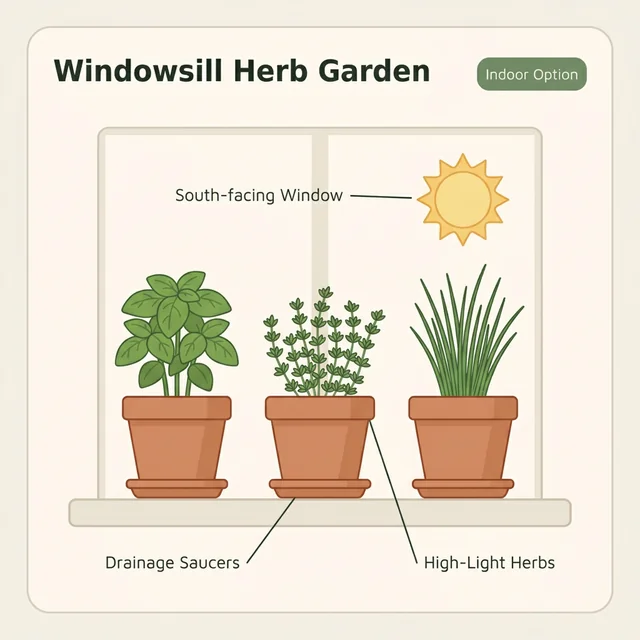 Windowsill herb garden diagram showing spacing, pot rotation, and light direction