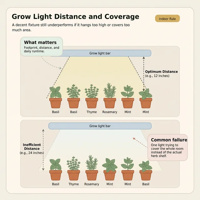 Educational diagram showing grow light distance, coverage, and canopy placement for herbs