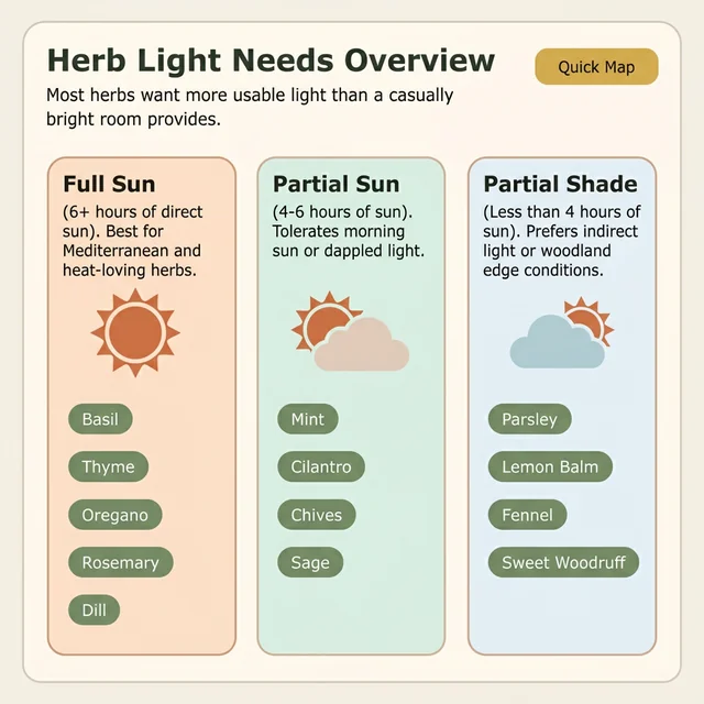 Educational overview showing how herb light needs differ between sunny windows, lower-light homes, and grow light setups