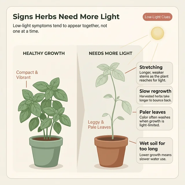 Visual checklist of common low-light symptoms in potted herbs