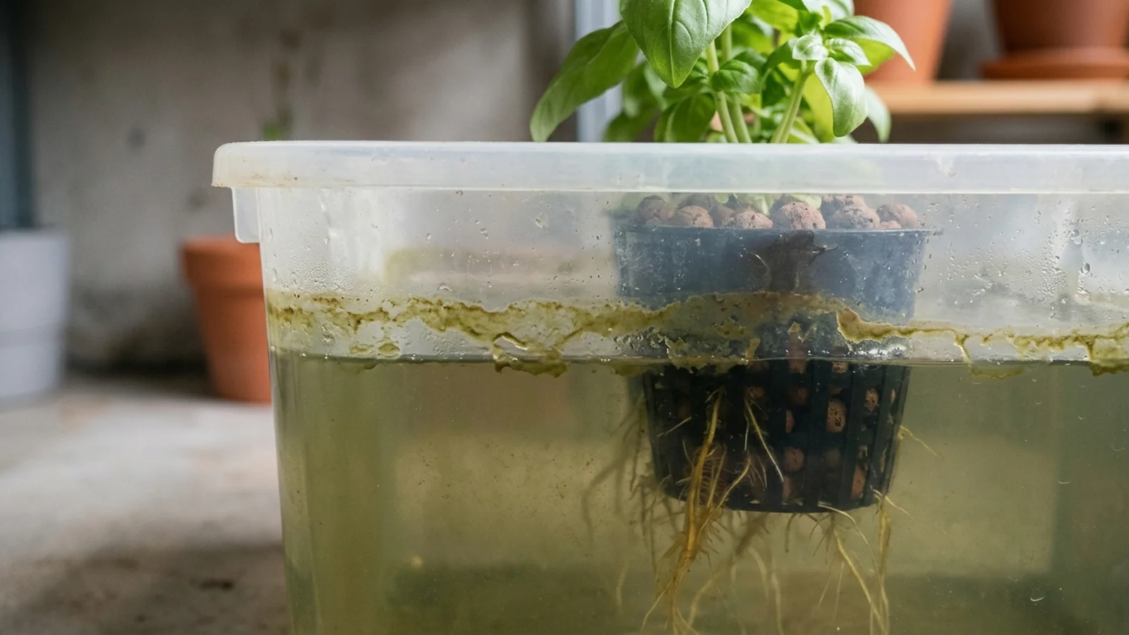 Clean UI illustration comparing a clear hydroponic reservoir coated in green algae against an opaque, lidded reservoir with clean tubing