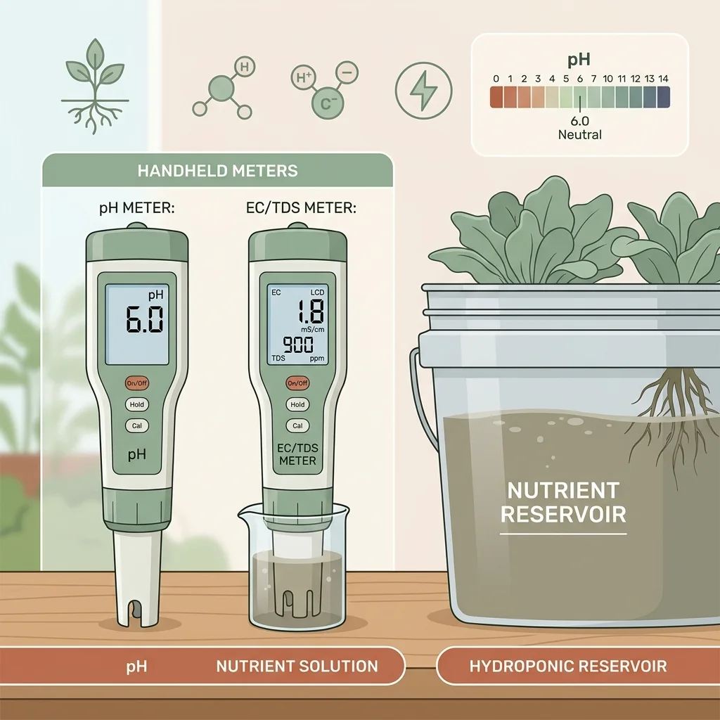 Clean UI illustration of a handheld pH pen and an EC/TDS meter next to a hydroponic reservoir