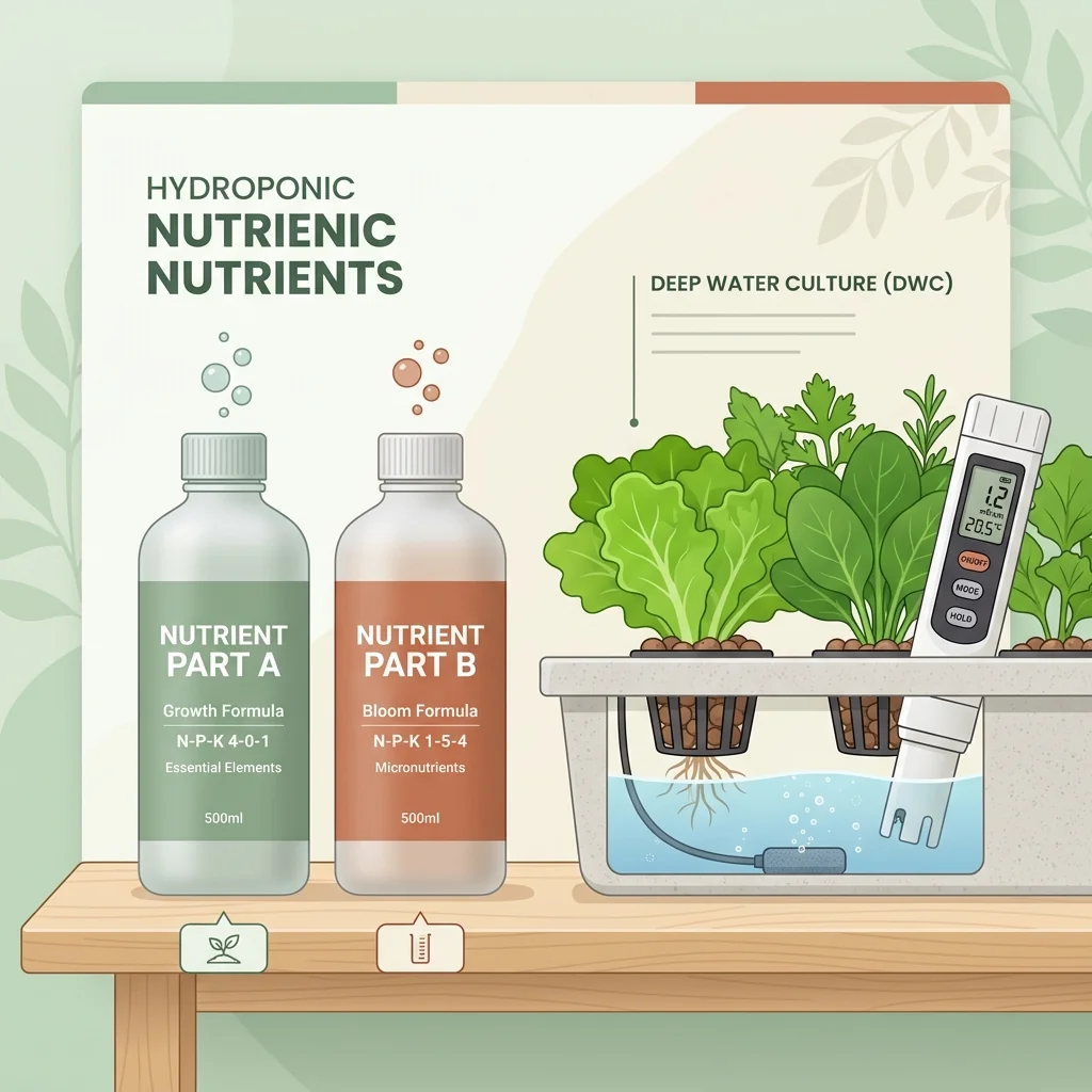 Clean UI illustration of hydroponic nutrient bottles (parts A and B) beside leafy greens and an EC meter