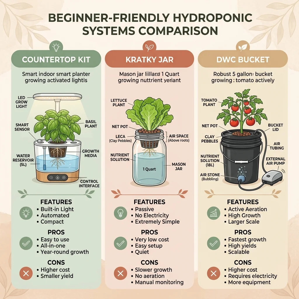 Clean UI illustration comparing a countertop hydroponic kit, a Kratky jar, and a small DWC bucket